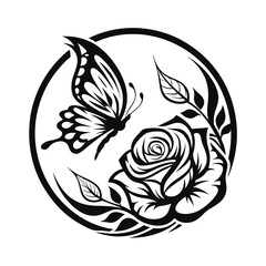 Butterfly and Rose in a Circle Design, Elegant Black Floral Silhouette on White