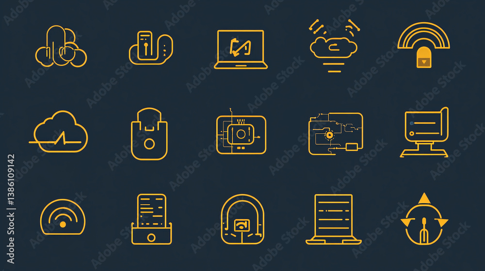 Aufkleber technology icons set vector design cloud computing network data connection digital elements graphic 