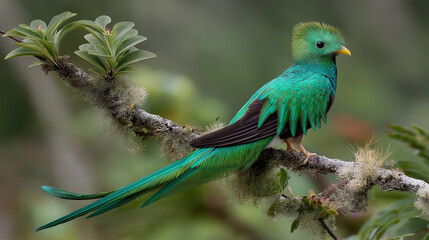 Fototapeta premium Rare tropic bird from mountain cloud forest. Resplendent Quetzal, Pharomachrus mocinno, magnificent sacred green bird with very long tail.