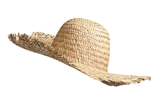 Straw beach hat side view isolated on white background. Beach hat with clipping path as design element banner, studio shot with sunlight. Summer travel cap for beach holidays on Vacation