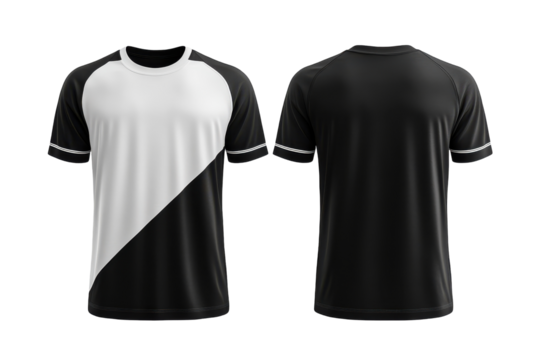 Black and white sports jersey design template front and back view, isolated on transparent background