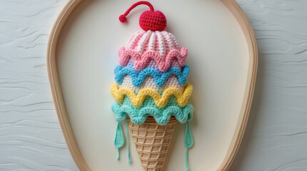 Colorful crochet ice cream cone art displayed in a wooden frame for decoration