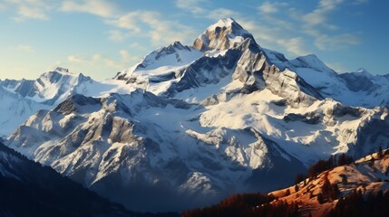 Obraz premium Breathtaking view of towering snow capped mountain peak bathed first light of dawn crisp frosty air visible mist rise valley below sky transition deep blue fiery golden hue creating stunning contrast