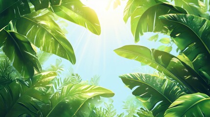 Obraz premium A background featuring large green palm leaves swaying gently in the breeze