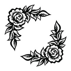 Floral Rose Corner Border, Monochrome Flower Ornament with Leaves on White Background