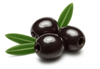 Black olives glossy surface green isolated white background