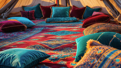 Luxurious tent interior with colorful cushions and intricate rugs showcases comfort in a serene outdoor setting