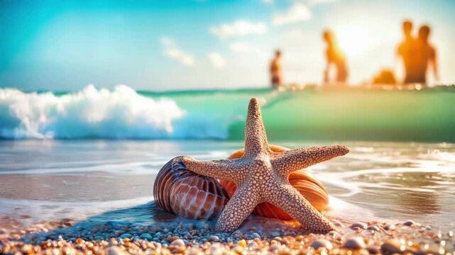 Starfish and shell on sandy beach with turquoise ocean waves. Tropical paradise scene with golden sand, blue sea water and summer sunshine. Silhouettes of people visible against sunny horizon