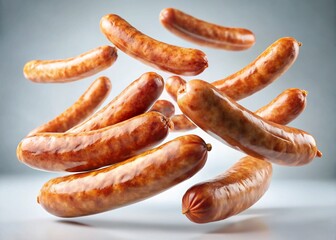 Fototapeta premium Surreal Floating Boiled Chicken Sausages on White Background - Gourmet Food Photography