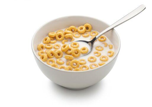Cereal bowl cheerios milk spoon isolated white background