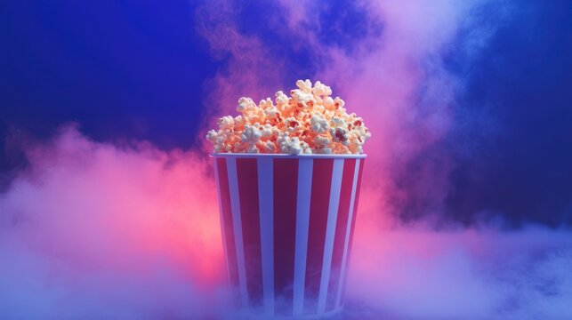 Buttery popcorn in a striped bucket, set against a smoky, vibrant purple and pink backdrop. - Powered by Adobe
