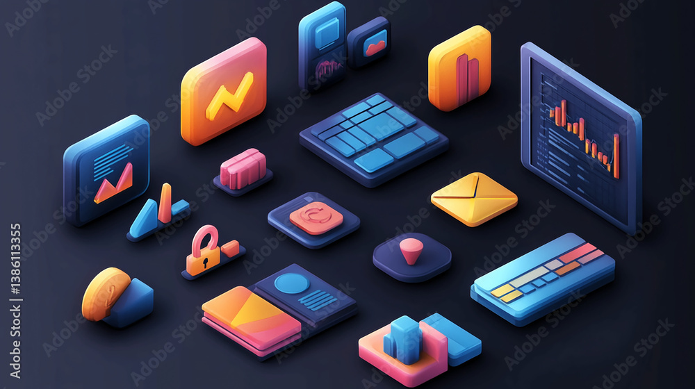 Poster isometric ui ux design elements vector illustration for web and app interface design resource pack u