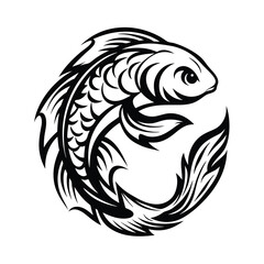 Stylized Black and White Koi Fish with Curving Scales, 