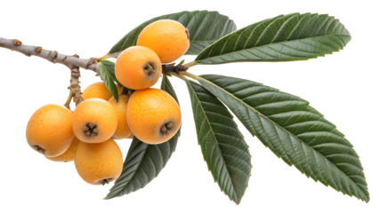Ripe Loquats on Branch with Lush Green Leaves Isolated on White Background