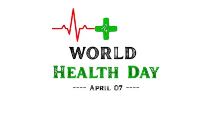 Creative vector illustration for World Health Day celebrated on April 7. Design includes a stethoscope, red heartbeat ECG line, green medical cross, and bold typography highlighting “World Health Day 
