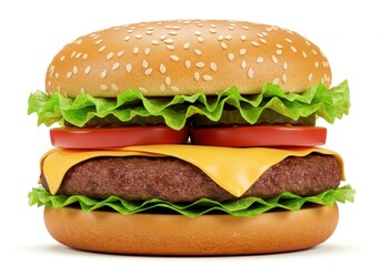 Juicy cheeseburger sesame seed bun isolated white background