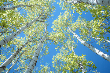 Fototapeta premium silvery birch branches under a spring sky p: slender silvery birch tree b