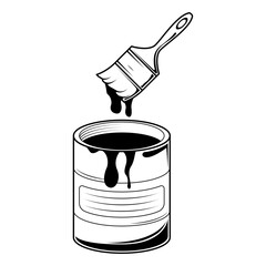 Abstract Black Simple Line Work Paint Brush With A Jar Building Engineering Tools Instrument Mechanical Doodle Outline Element Vector Design Style Sketch Isolated On White Background Illustration
