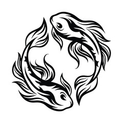 Stylized Fish, Black and White Design, Circular Motif, Isolated 