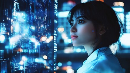 Naklejka premium Female Doctor in Portrait Against a Digital Cityscape Background