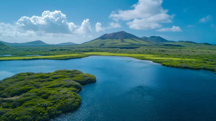 Scenic Drone View: Tranquil Mountain Landscape with Pristine Lake Reflection under Blue Sky