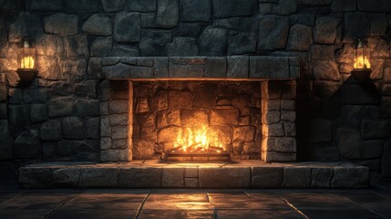 A warm, cozy fireplace glowing softly against a dark, rustic stone wall background