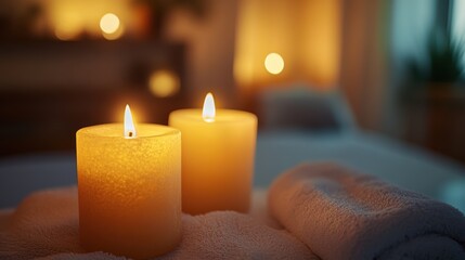 A blurred view of a candlelit room with soft, flickering lights and warm golden tones
