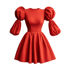 A Bold Red Midi Dress with Puff Sleeves and Bow Isolated on Transparent Background