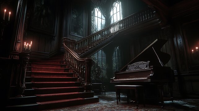 A dimly lit gothic mansion features a grand staircase and piano