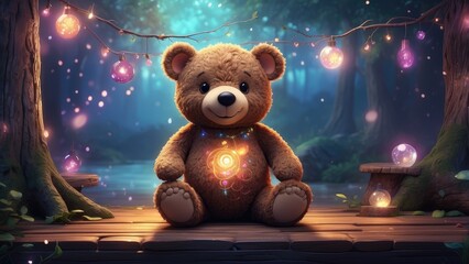A plush teddy bear with a brown body, dark nose