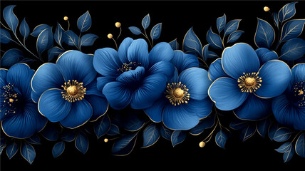 A vibrant floral design featuring blue and gold flowers with white accents on a dark background.