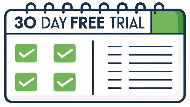 free trial 30 day vector with a flat checklist design, highlighted with green ticks and clean lines.