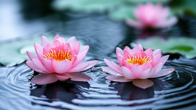 A tranquil pond with floating lotus flowers and a gentle breeze creating ripples in the water