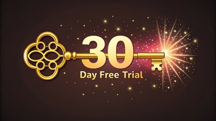 free trial 30 day vector of a golden key unlocking a promotional offer with sparkling effects.