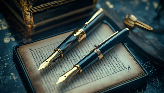 An advertisement for writing goods, like fountain pens. in the style of the roaring twenties