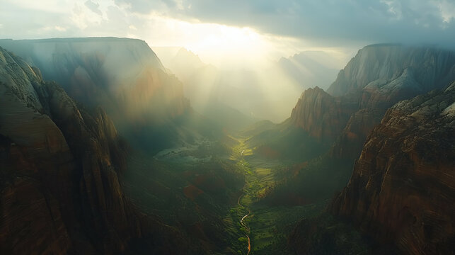 Breathtaking Zion Valey Landscape Photo: Scenic Mountains, River & Sunlight in Nevada Wilderness