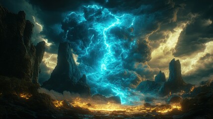 Stormy, otherworldly landscape with a massive lightning bolt erupting from a colossal cloud