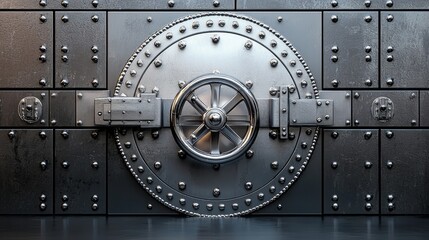 A silver metal door with a round knob and a wheel