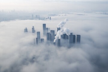 Fototapeta premium drone-shot aerial view showing sprawling city skyline engulfed in thick smog