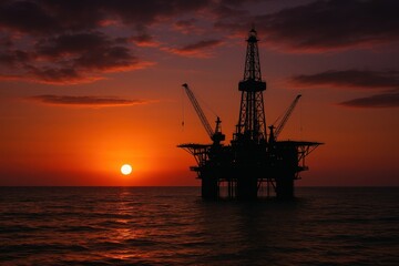 Obraz premium Silhouette of Oil Rig Against Ocean Sunset with Dramatic Lighting for Industrial Energy Extraction Scene