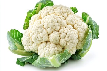 Close-up of Fresh Cauliflower with Green Leaves Isolated on White Background