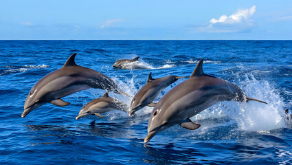 Fototapeta premium A captivating moment as a pod of dolphins leaps joyfully out of the ocean's surface.