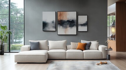 A modern living room with a sectional sofa, abstract art on the wall, and a neutral color palette