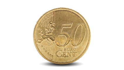 Photo of a 50-cent euro coin, isolated on a white background.