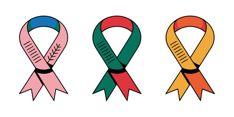 Set of sketched bow and ribbon. Hand drawn vintage line art vector illustration, Award Badges, Set of the Ribbons and Badges, Awareness Concept With Different Color Ribbons On White Background, Award.