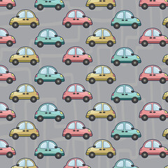 Obraz premium Seamless pattern with hand drawn cute car. Cartoon cars, road sign,zebra crossing vector illustration.Perfect for kids fabric,textile,nursery wallpaper