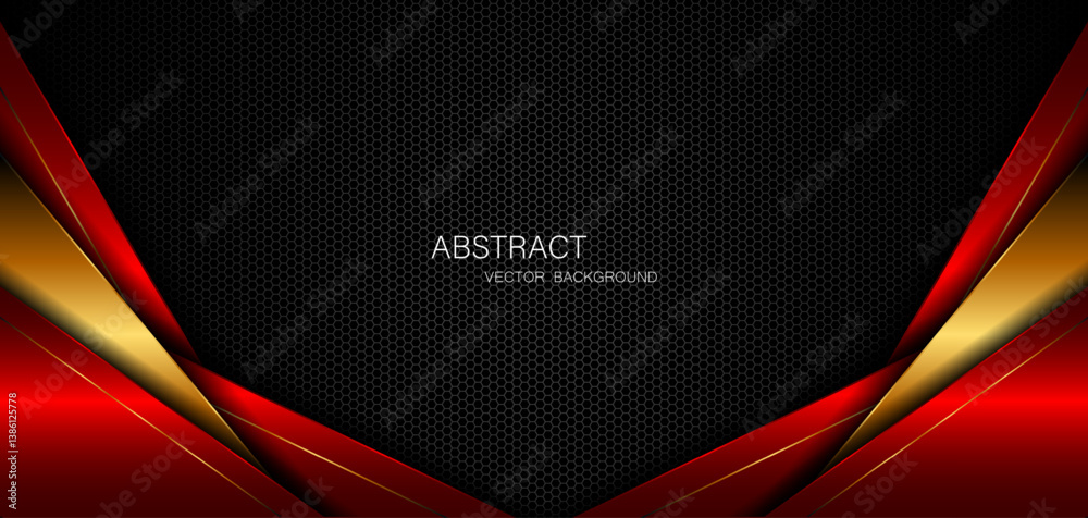 Poster Abstract red and gold polygon with golden lines on dark steel mesh background with empty space for design. modern technology innovation concept background	