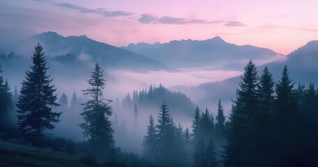 Misty forest sunrise with mountains in the distance and pink sky.