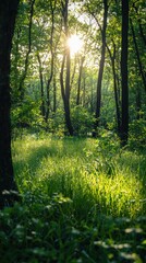 Obraz premium the sun shining through trees into a forest of green grass 