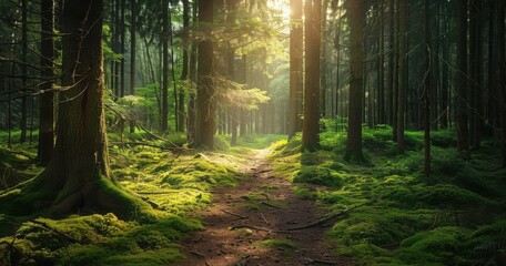 Obraz premium Sunlight filtering through trees in a lush, green forest path.